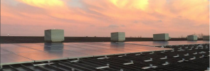 Solar panels on ECOE's Great Moor House installation at Sunset