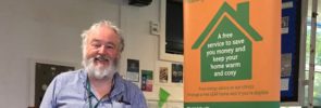 Healthy Homes for Wellbeing energy adviser Chris Walford at Sidmouth Repair in October 2019