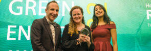 ECOE directors Andy Extance and Prina Sumaria join founding director Sonya Bedford to celebrate the recognition of ECOE’s ongoing fight against climate change and fuel poverty. Credit: Regen/Tom Smith Photography