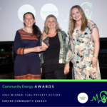 ECOE Director and Healthy Homes Project Manager Tara Bowers (left) and Sarah Reeves, Community Energy Champion Project Manager (centre) receive ECOE’s Fuel Poverty Action Award. Credit: Community Energy England