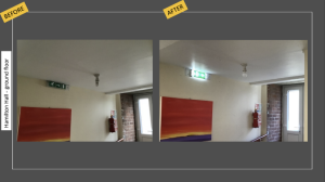 Hamilton Hall (ground-floor) before and after the installation of new LED fittings.